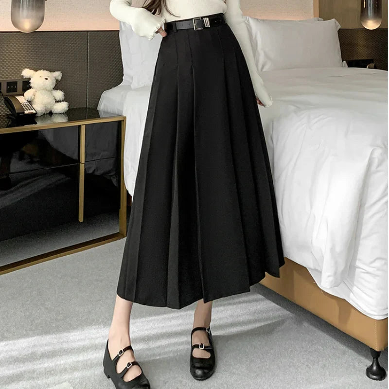 Midi High Waist A-line Pleated Casual Long Skirt