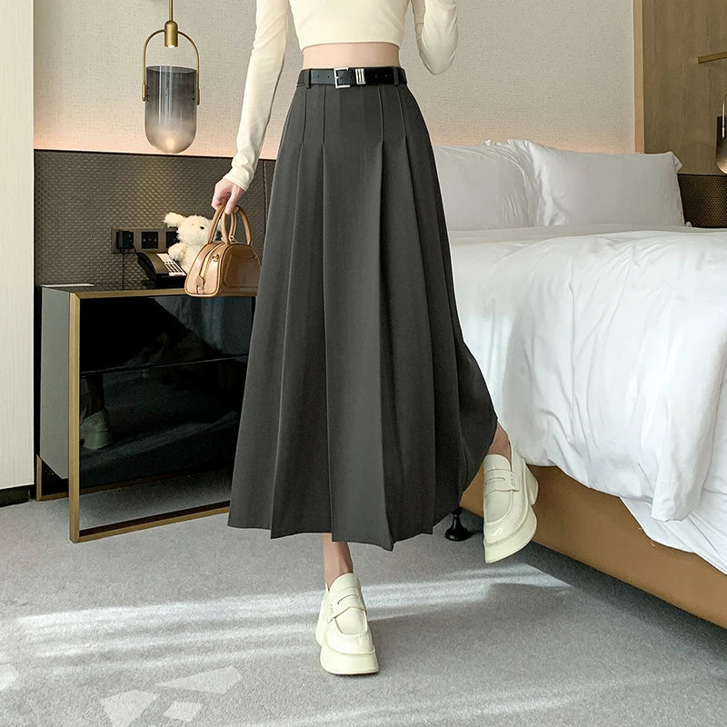 Midi High Waist A-line Pleated Casual Long Skirt