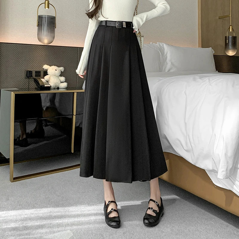 Midi High Waist A-line Pleated Casual Long Skirt