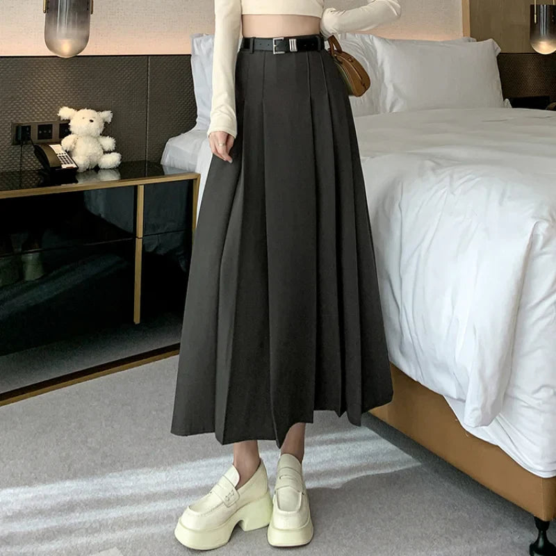 Midi High Waist A-line Pleated Casual Long Skirt