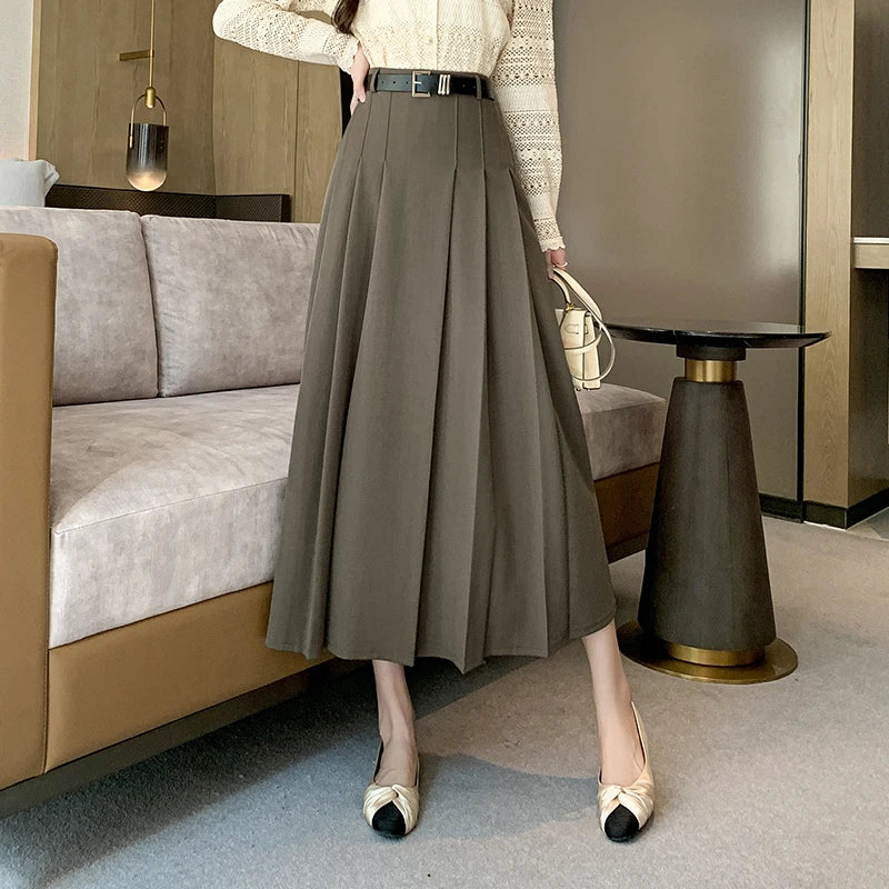 Midi High Waist A-line Pleated Casual Long Skirt