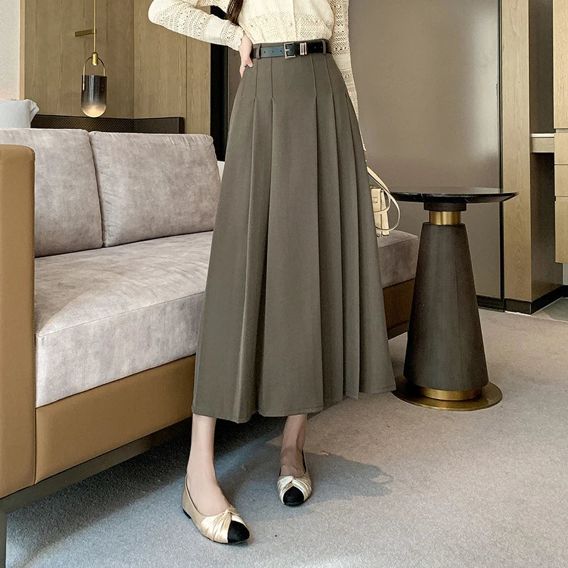 Midi High Waist A-line Pleated Casual Long Skirt