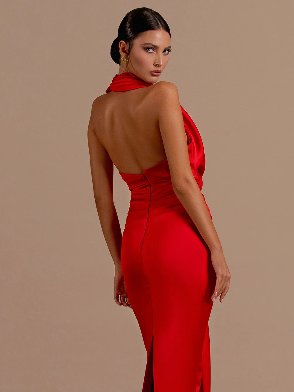 Red Halter V-Neck Party Maxi Dress