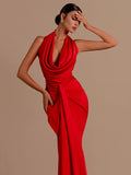 Red Halter V-Neck Party Maxi Dress