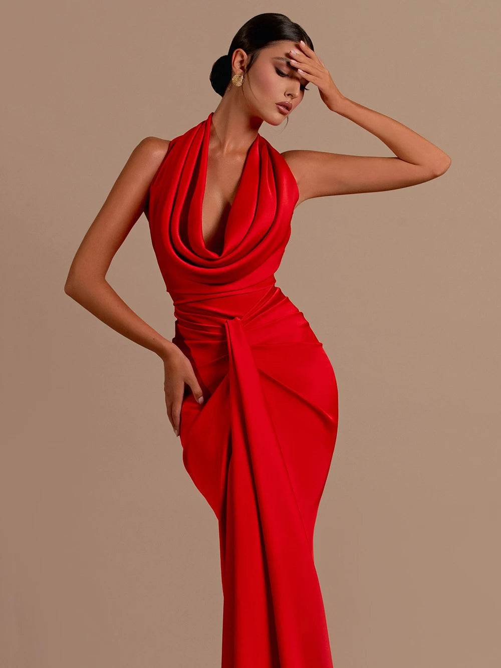 Red Backless Halter V Neck Maxi Bodycon Party Dress