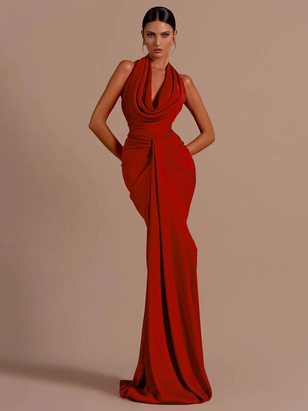 Red Backless Halter V Neck Maxi Bodycon Party Dress
