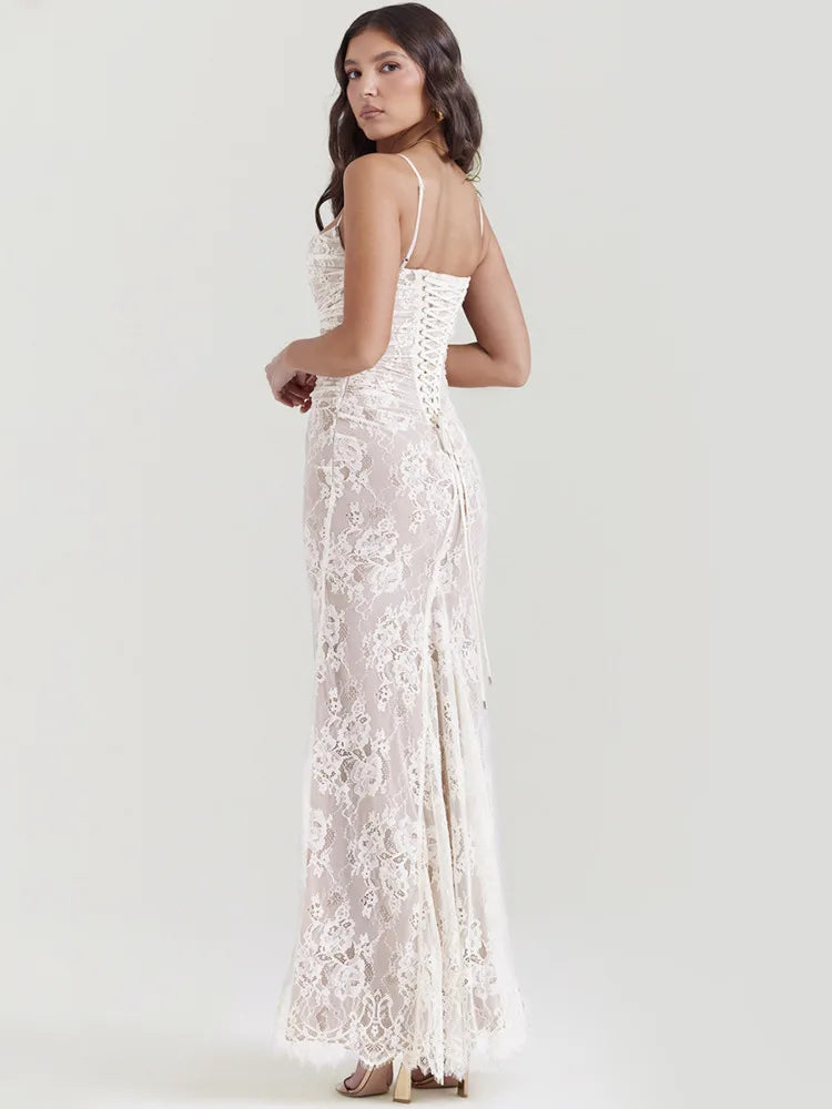 Lace Print Spaghetti Strap Long Sleeve Maxi Dress