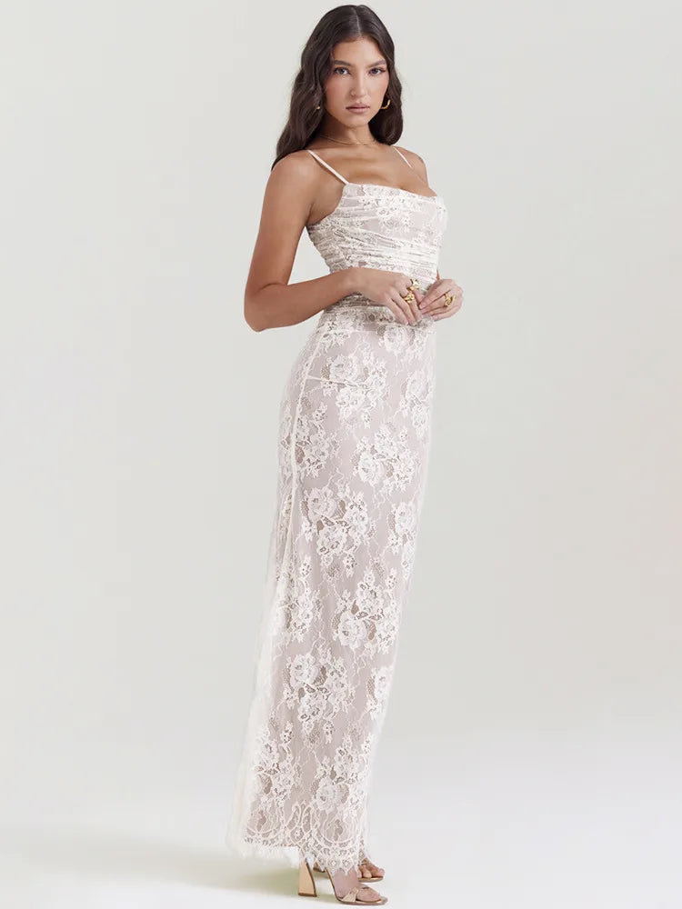 Lace Print Spaghetti Strap Long Sleeve Maxi Dress