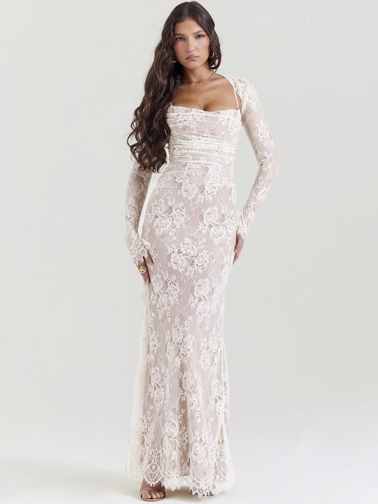 Lace Print Spaghetti Strap Long Sleeve Maxi Dress