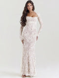 Lace Print Spaghetti Strap Long Sleeve Maxi Dress