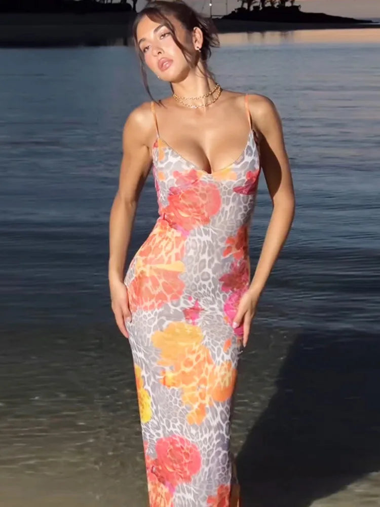 Print Backless Sexy Sleeveless Floral Maxi Dress