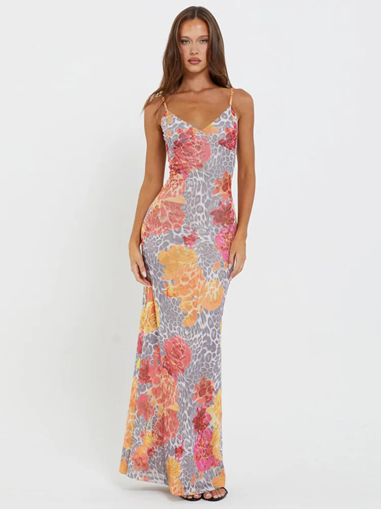 Print Backless Sexy Sleeveless Floral Maxi Dress