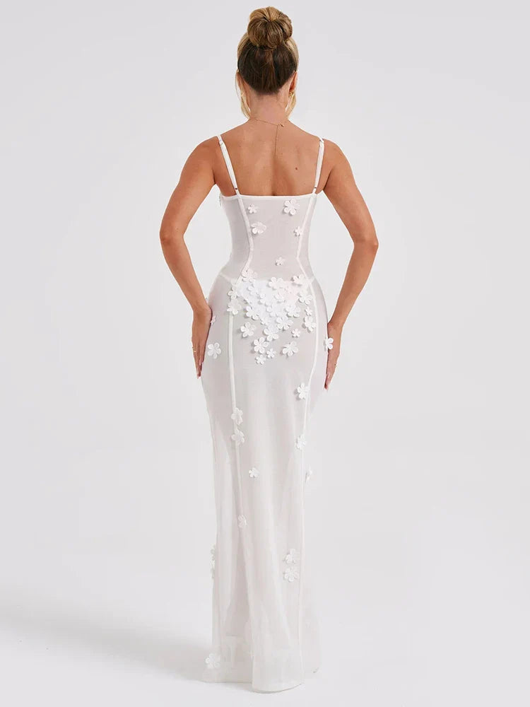 Sheer Mesh Spaghetti Strap Sleeveless Lace Maxi Dress