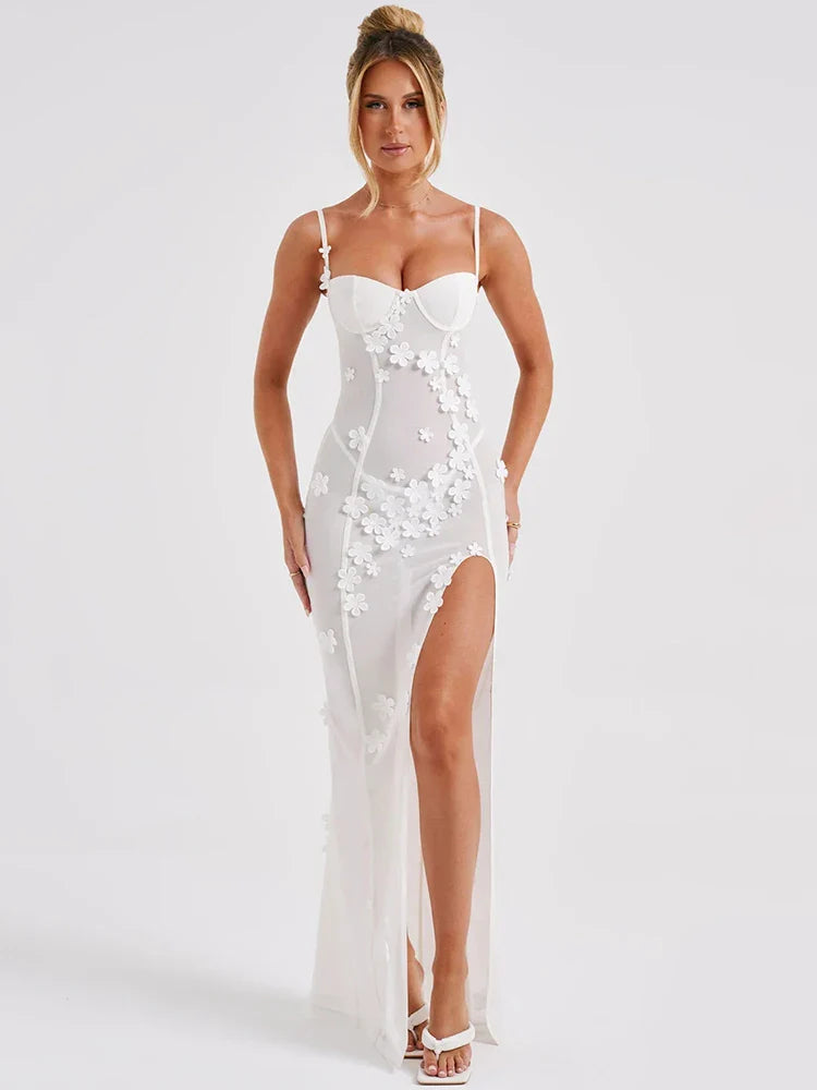 Sheer Mesh Spaghetti Strap Sleeveless Lace Maxi Dress