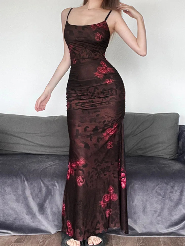 Spaghetti Strap Print Backless Floral Maxi Dress