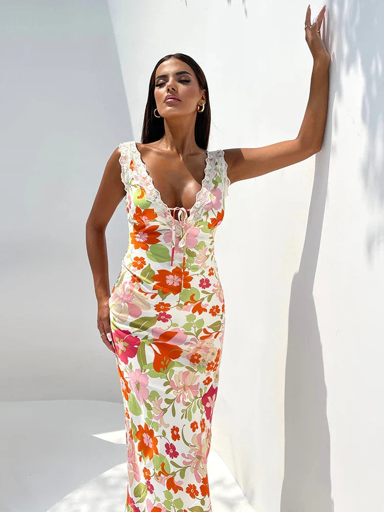 Floral Print Backless Sleeveless Bodycon Maxi Dress