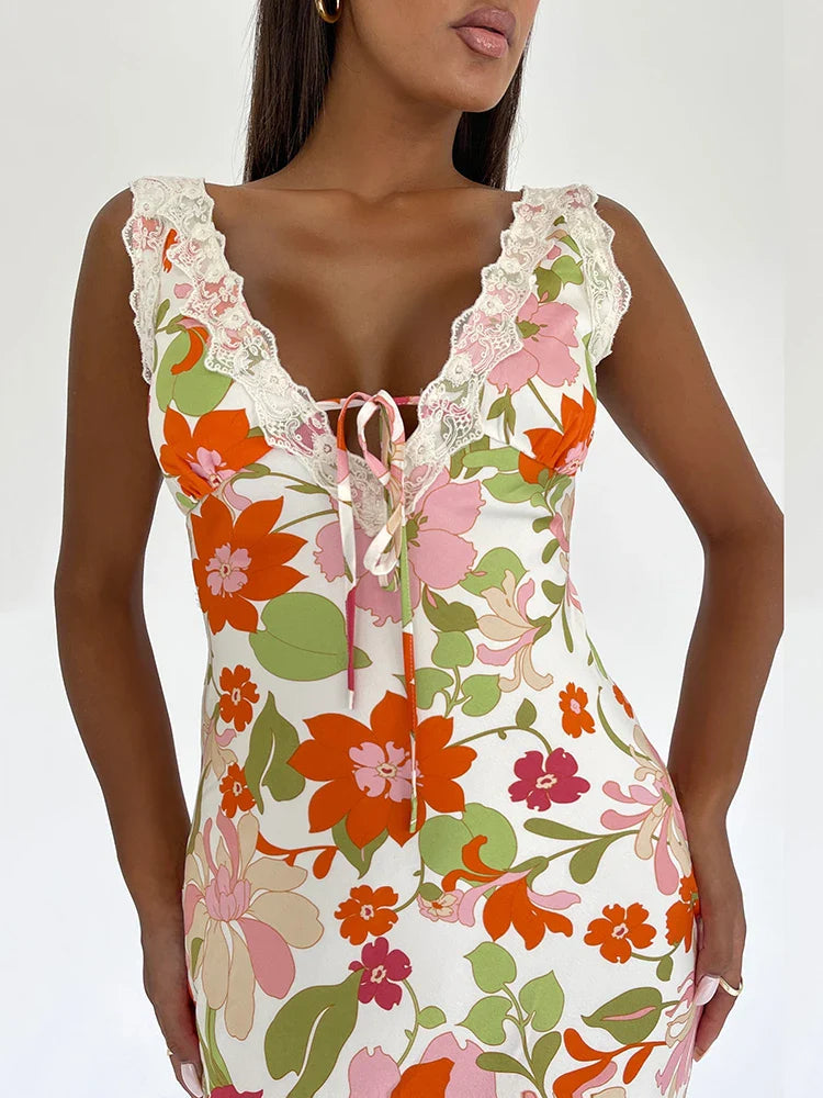 Floral Print Backless Sleeveless Bodycon Maxi Dress