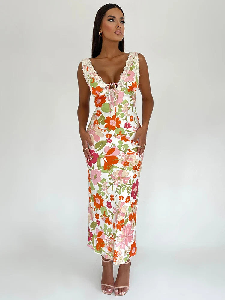 Floral Print Backless Sleeveless Bodycon Maxi Dress
