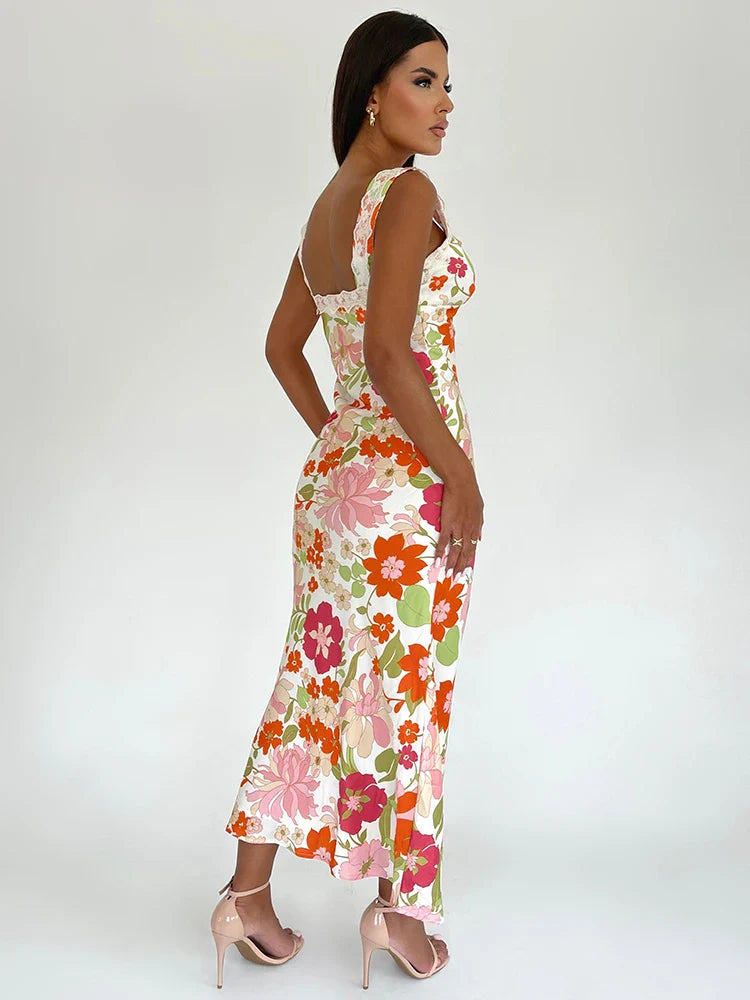 Floral Print Backless Sleeveless Bodycon Maxi Dress