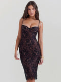 Lace Print Spaghetti Backless Midi Dress