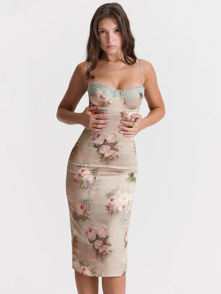 Lace Floral Spaghetti Strap Midi Dress