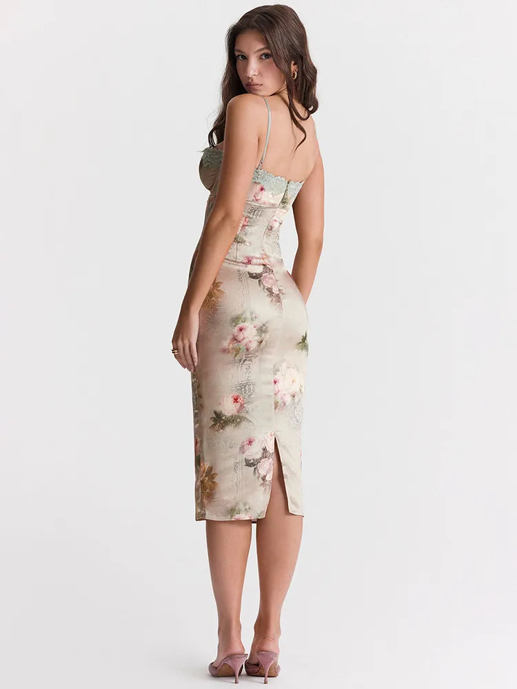 Lace Floral Spaghetti Strap Midi Dress
