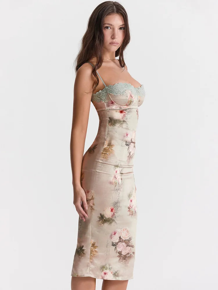 Lace Floral Spaghetti Strap Midi Dress