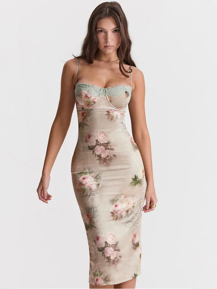 Lace Floral Spaghetti Strap Midi Dress