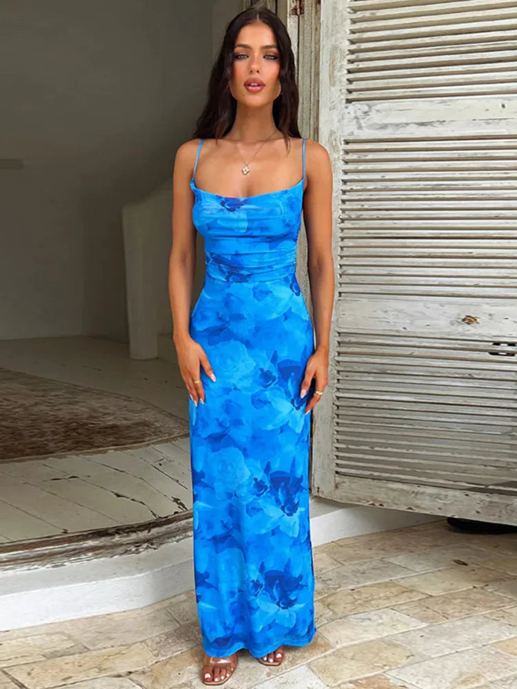 Spaghetti Strap Sleeveless Backless Floral Maxi Dress