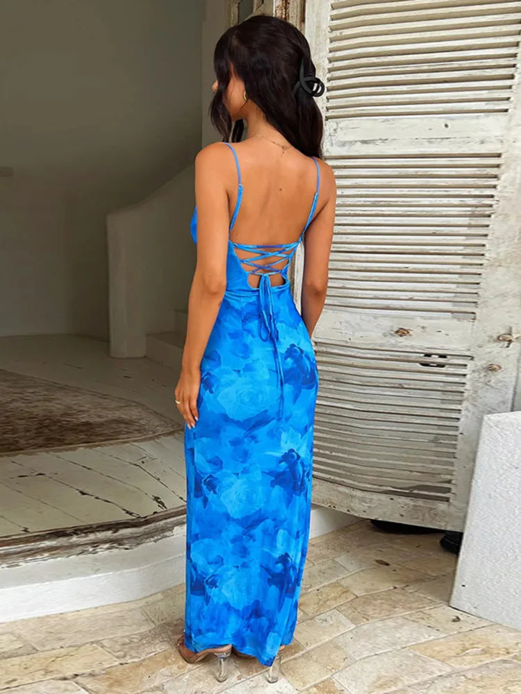 Spaghetti Strap Sleeveless Backless Floral Maxi Dress