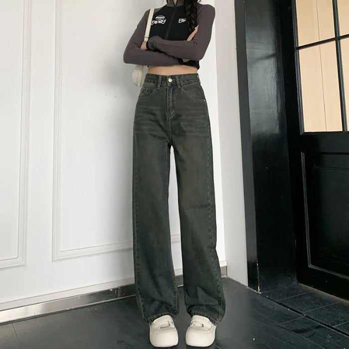 Cement Grey High Waist Thin Wide Leg Jean