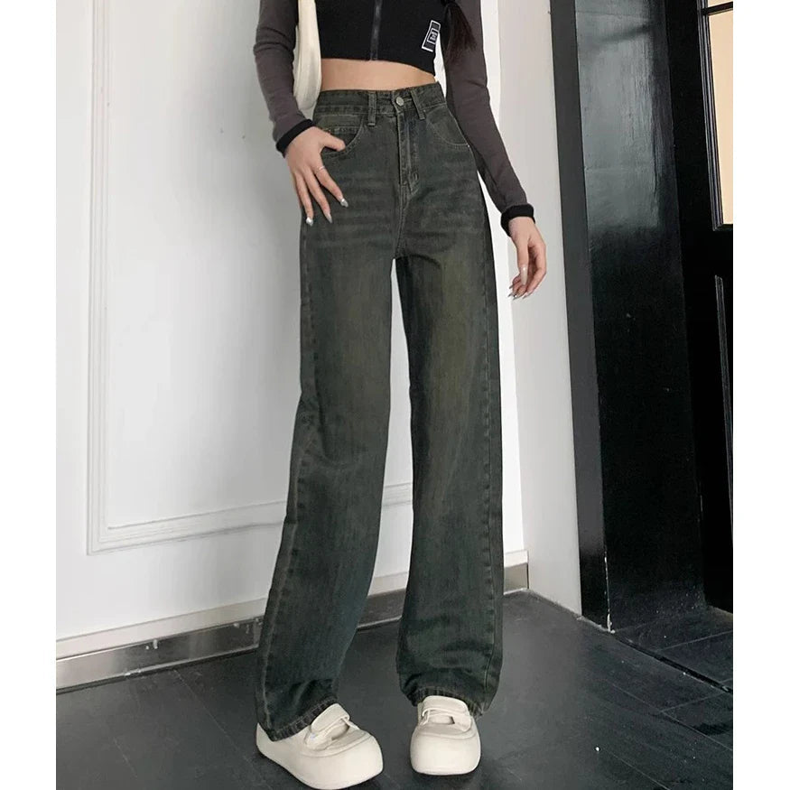 Cement Grey High Waist Thin Wide Leg Jean