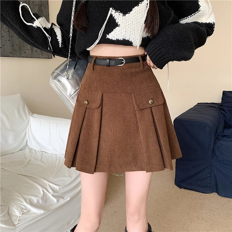 Corduroy Vintage Button High Waist Mini Pleated Skirt