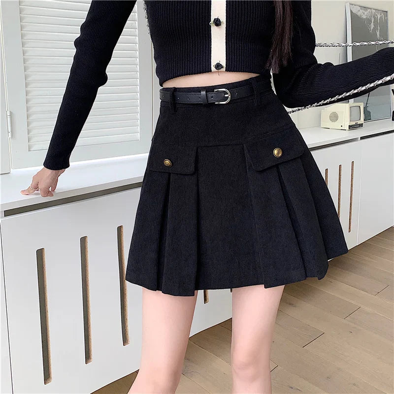 Corduroy Vintage Button High Waist Mini Pleated Skirt
