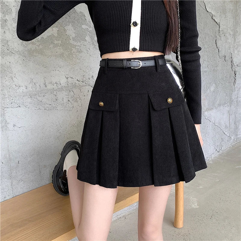 Corduroy Vintage Button High Waist Mini Pleated Skirt