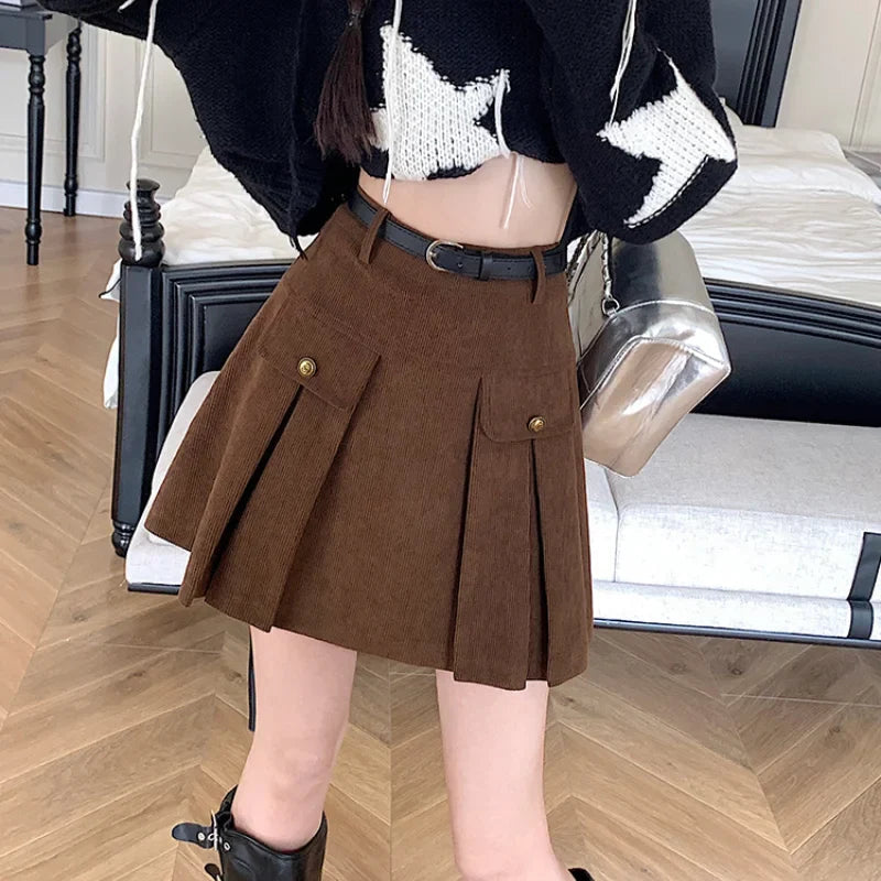 Corduroy Vintage Button High Waist Mini Pleated Skirt