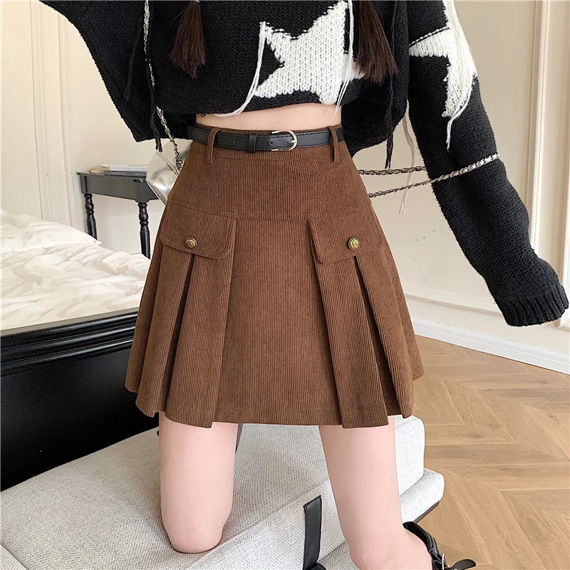 Corduroy Vintage Button High Waist Mini Pleated Skirt