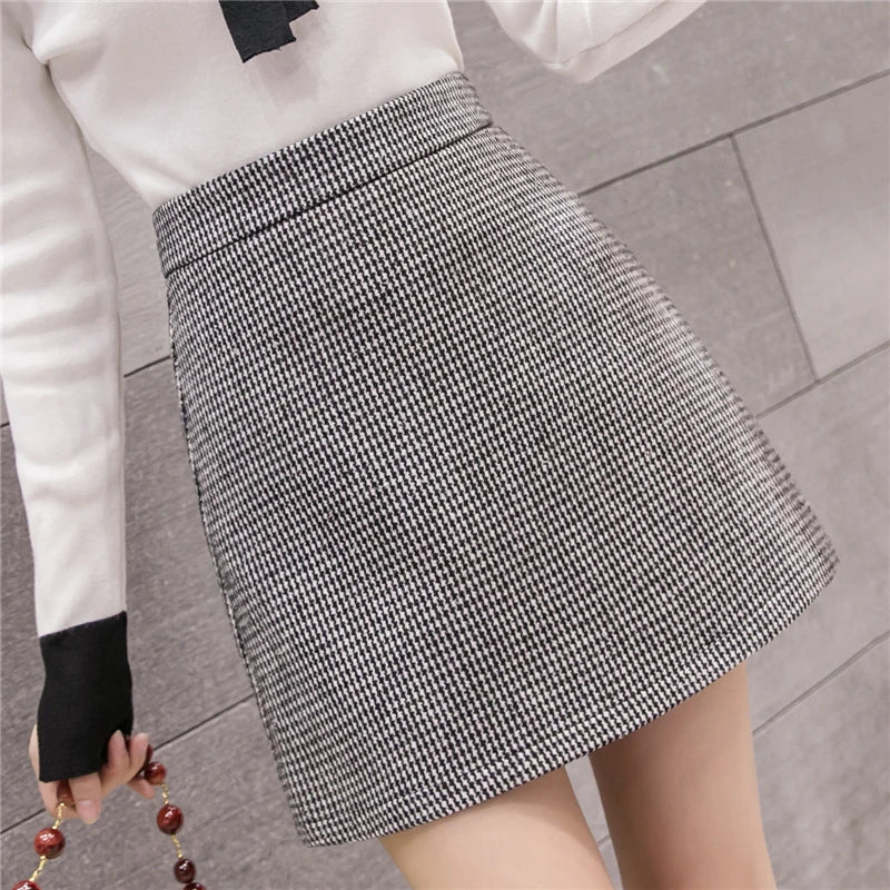 Plaid A-line Mini Woolen High Waist Casual Skirt