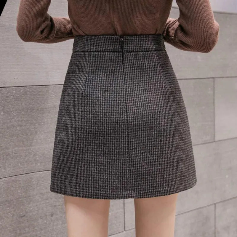 Plaid A-line Mini Woolen High Waist Casual Skirt