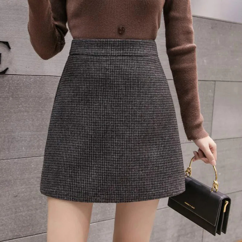 Plaid A-line Mini Woolen High Waist Casual Skirt