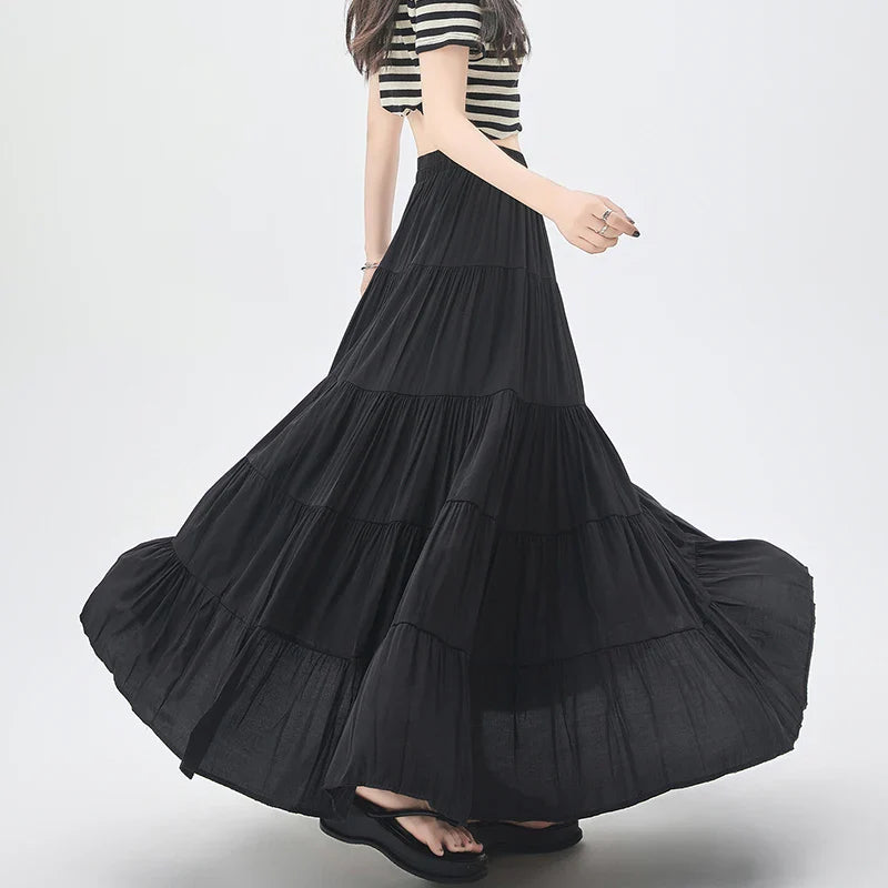 Layered High Waist A-line Holiday Casual Long Skirt