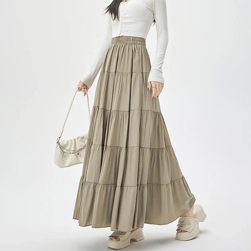 Layered High Waist A-line Holiday Casual Long Skirt