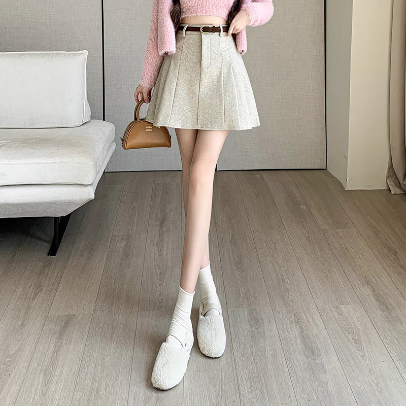 Korean Woolen High Waist A-line Mini Pleated Skirt