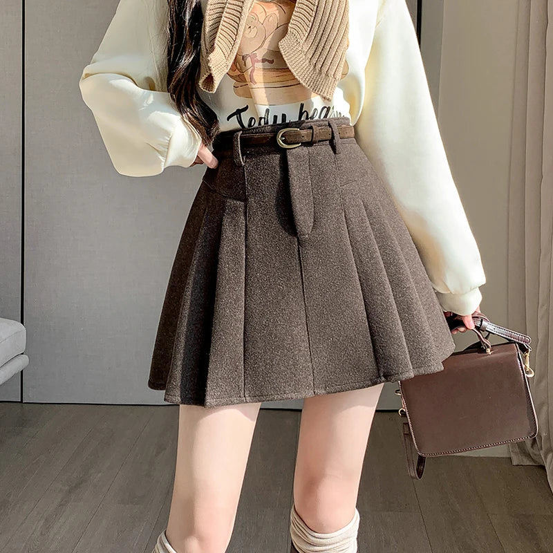 Korean Woolen High Waist A-line Mini Pleated Skirt