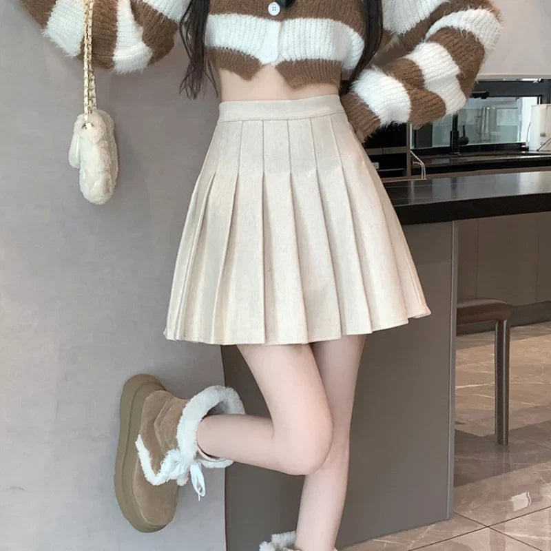 Korean Preppy Mini Pleated Wool High Waist Skirt
