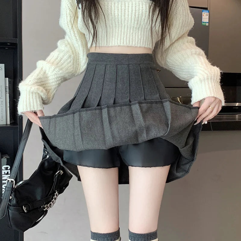 Korean Preppy Mini Pleated Wool High Waist Skirt