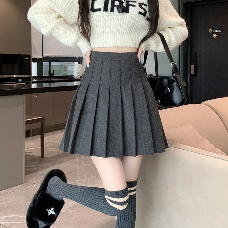 Korean Preppy Mini Pleated Wool High Waist Skirt