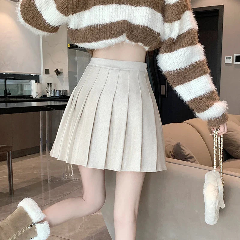 Korean Preppy Mini Pleated Wool High Waist Skirt