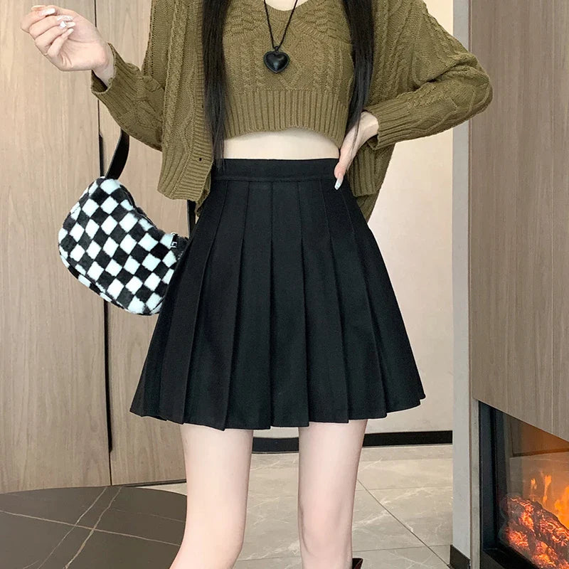 Korean Preppy Mini Pleated Wool High Waist Skirt