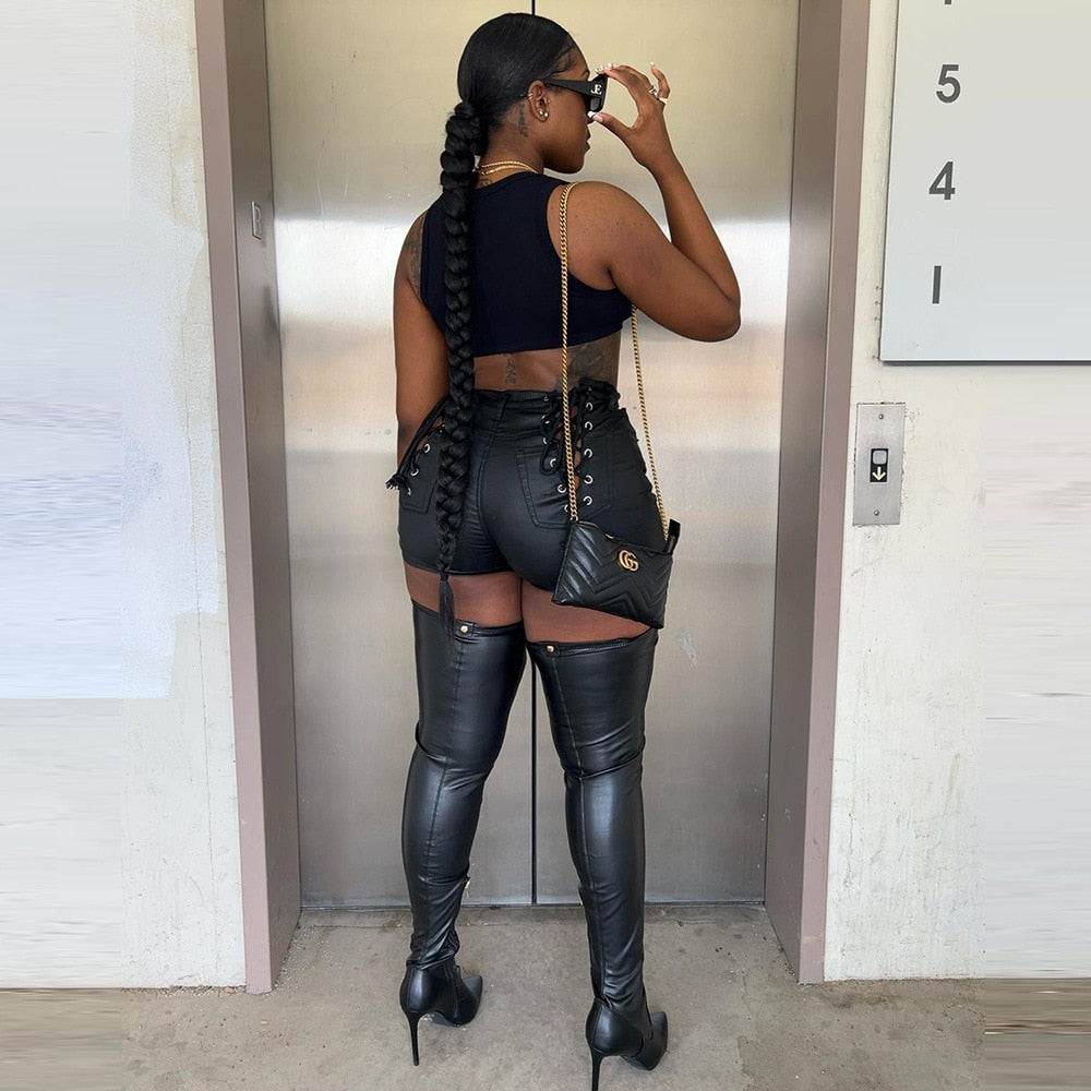 Hollow Lace-up Matte PU Trendy Short